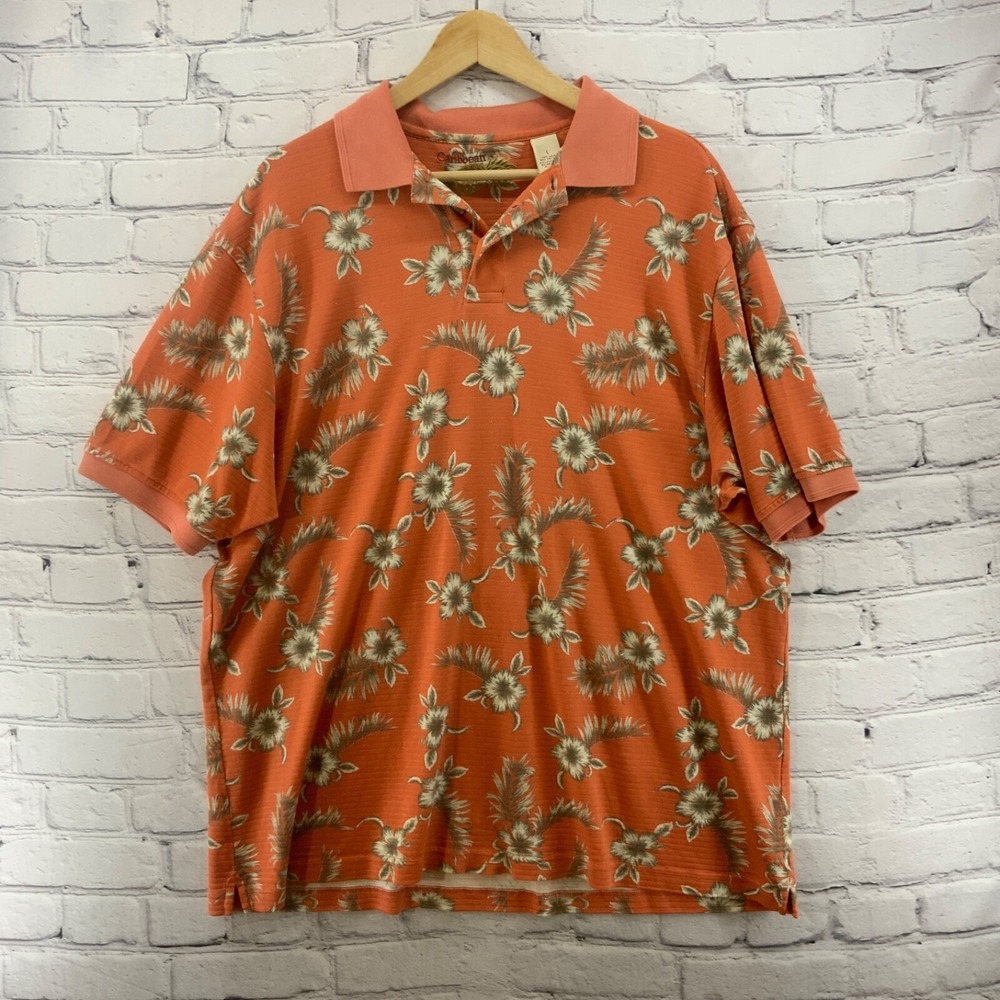Caribbean Polo Shirt Orange Mens Sz L Silk Blend Hibiscus Floral Print FLAW‎